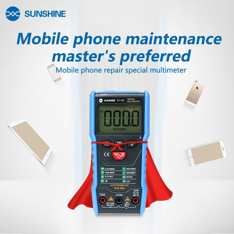 SUNSHINE DT-19N Mini Smart Digital Multimeter | Compact & Accurate - a blue handheld device with a digital display showing 000.0, wearing a red cape, surrounded by smartphones.