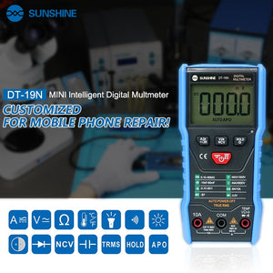 SUNSHINE DT-19N Mini Smart Digital Multimeter | Compact & Accurate - a blue handheld device with a digital display showing 000.0, function buttons, and input ports.