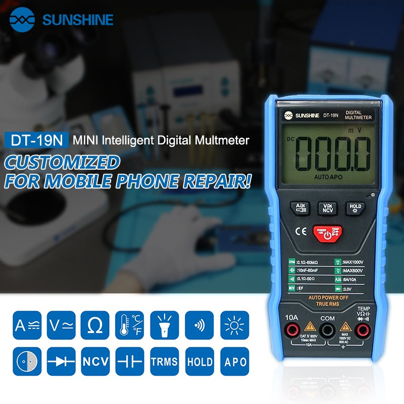 SUNSHINE DT-19N Mini Smart Digital Multimeter | Compact & Accurate - a blue handheld device with a digital display showing 000.0, function buttons, and input ports.