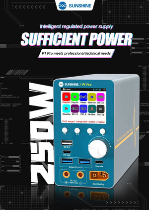 SUNSHINE P1 PRO Intelligent Regulated Power Supply 28V20A Price - a blue and white casing with a digital screen, control buttons, a knob, and various ports.