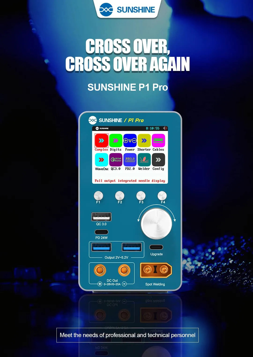 SUNSHINE P1 PRO Intelligent Regulated Power Supply 28V20A Price - with a blue casing, a digital screen showing menu icons, control buttons, a rotary knob, and various output ports.