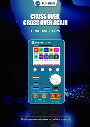 SUNSHINE P1 PRO Intelligent Regulated Power Supply 28V20A Price - with a blue casing, a digital screen showing menu icons, control buttons, a rotary knob, and various output ports.