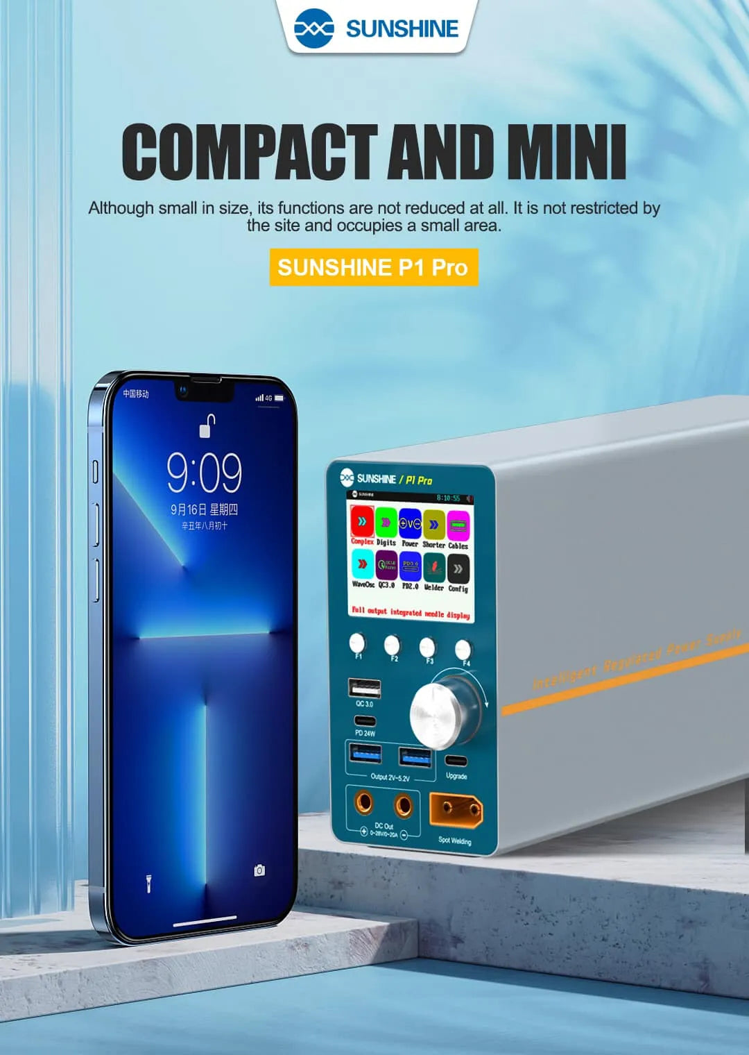 SUNSHINE P1 PRO Intelligent Regulated Power Supply 28V20A Price - shown next to a smartphone, featuring a digital display, a control knob, multiple USB ports, and DC output terminals.
