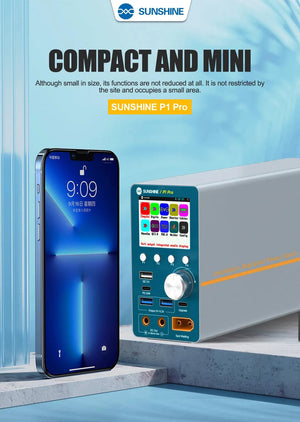 SUNSHINE P1 PRO Intelligent Regulated Power Supply 28V20A Price - shown next to a smartphone, featuring a digital display, a control knob, multiple USB ports, and DC output terminals.