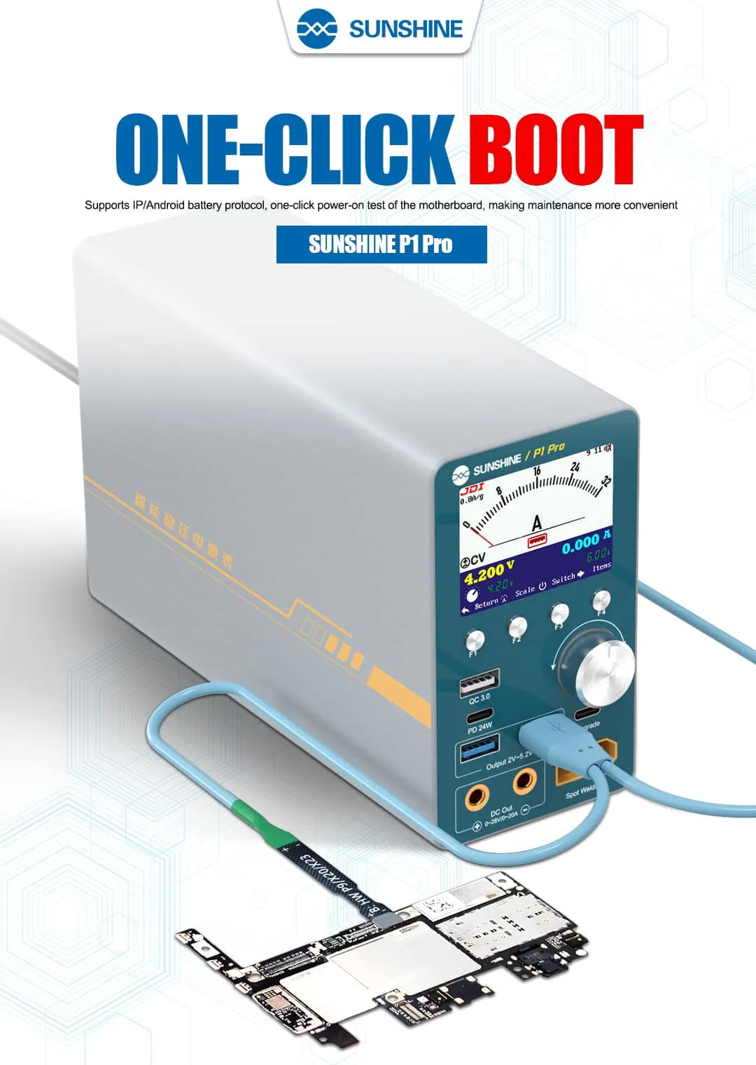 SUNSHINE P1 PRO Intelligent Regulated Power Supply 28V20A Price - a grey rectangular device with a digital display showing 4.200V and 0.000A, connected to a phone motherboard via a cable.