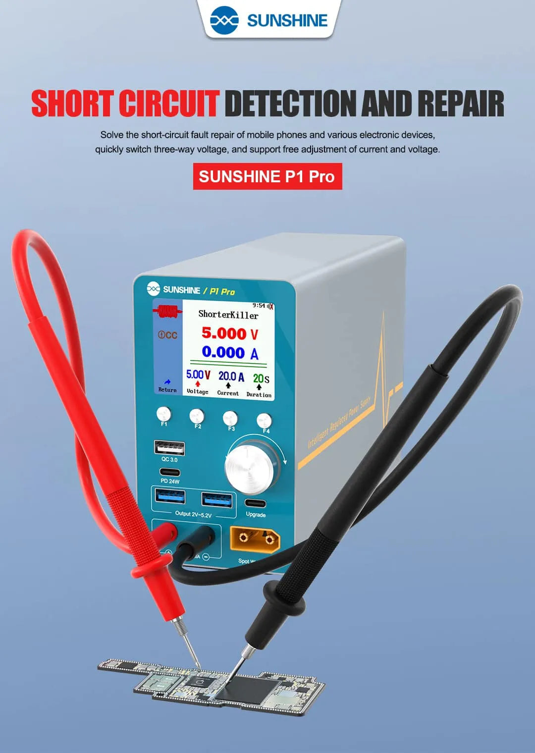 SUNSHINE P1 PRO Intelligent Regulated Power Supply 28V20A Price - with a digital screen showing 5.000V and 0.000A, featuring control buttons, a knob, ports, and two probes touching a circuit.