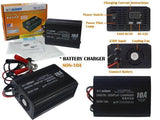 Suoer 10A 6V 12V Automatic Adaptive Digital Display Fast Battery Charger - shown with its retail box, user manual, red and black alligator clips, and close-up views of its ports and controls.