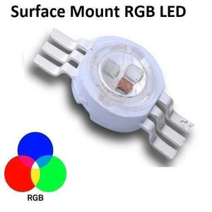 Surface Mount RGB SMD LED - a white circular component with six metal leads and three internal coloured light-emitting chips.