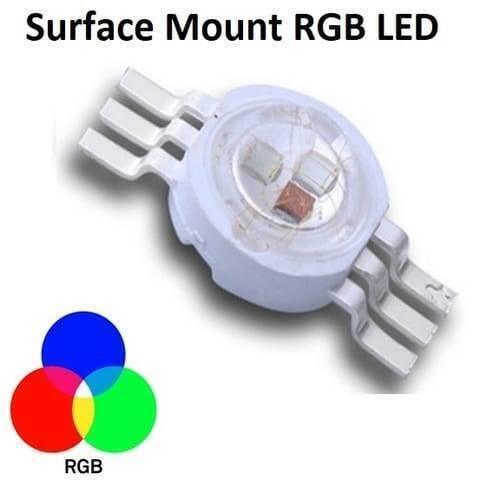 Surface Mount RGB SMD LED - a white circular component with six metal leads and three internal coloured light-emitting chips.