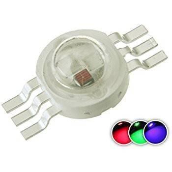 Surface Mount RGB SMD LED - a clear, round component with six metal pins and three small circular red, green, and blue light indicators shown below.
