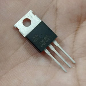 SVG104R5NT N-Channel Power MOSFET - a black electronic component with three metal pins and a mounting tab, held against a person's palm.
