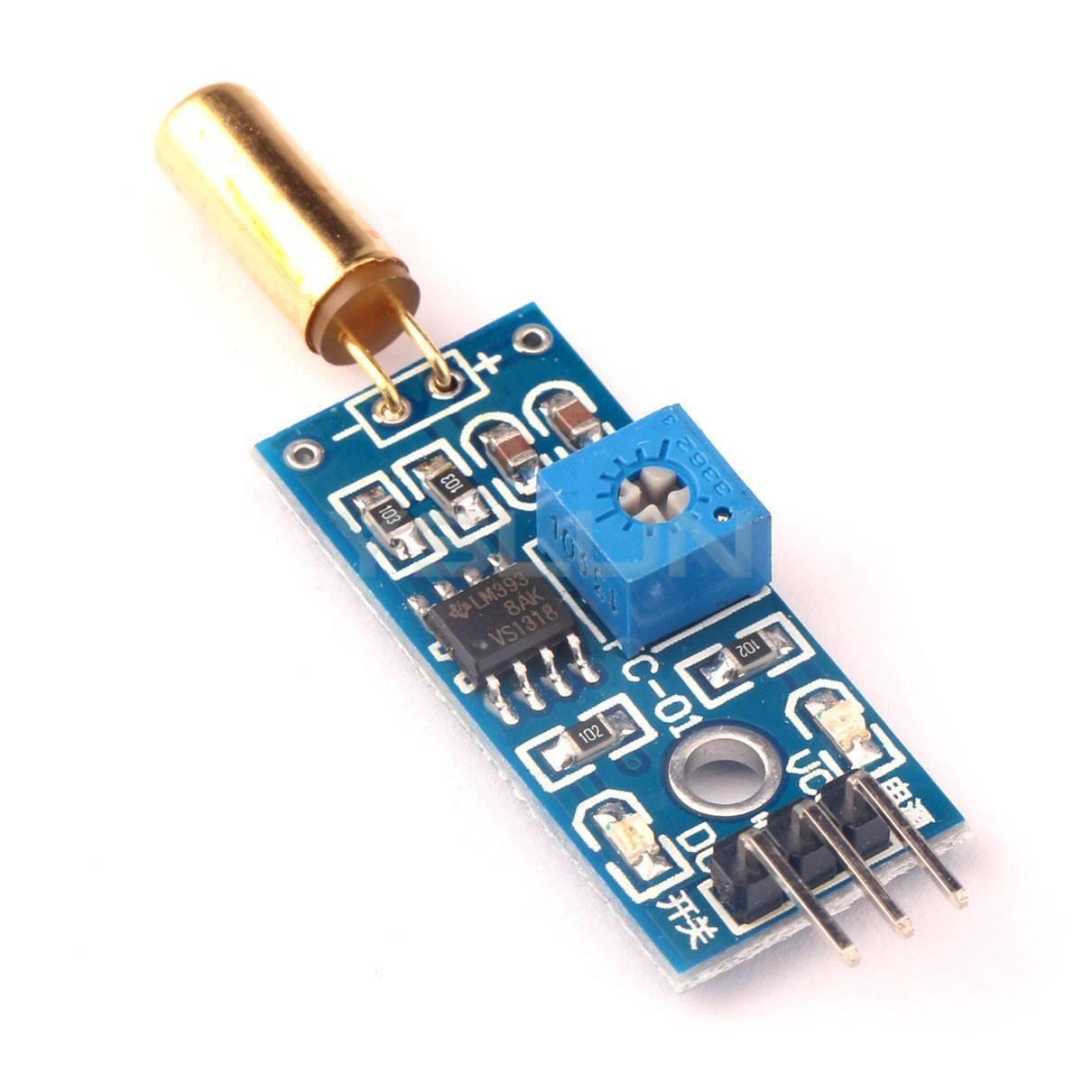 SW520D SW-520D Angle Sensor Module Ball Switch Tilt Sensor Module - a blue circuit board with a gold-coloured cylindrical tilt sensor, a blue potentiometer, and three output pins.