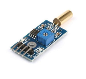 SW520D SW-520D Angle Sensor Module Ball Switch Tilt Sensor Module - a blue circuit board with a gold-coloured cylindrical sensor, a blue potentiometer, and a four-pin header connector.