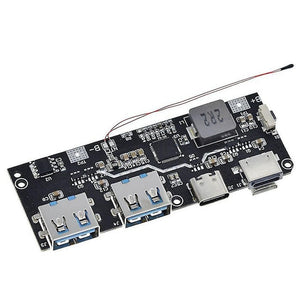 SW6206 SW6208 QC4 PD3.0 22.5W Power Bank Module front indicators Version C | Fast Charging | Digilog.pk - a black circuit board with two USB-A ports, two USB-C ports, a battery connector, and a thin wire temperature sensor.