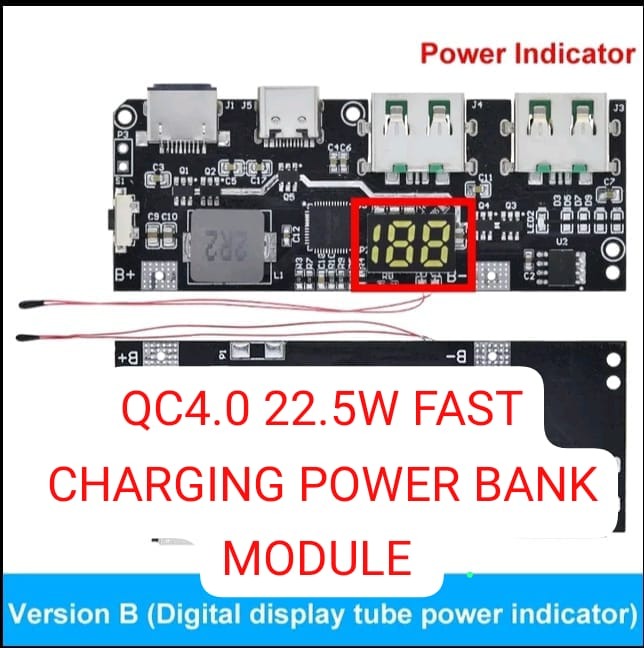 SW6206 SW6208 QC4 PD3.0 22.5W Power Bank Module LED Version B| Fast Charging | Digilog.pk - a black circuit board with USB ports, a digital display reading 188, and two temperature sensors.