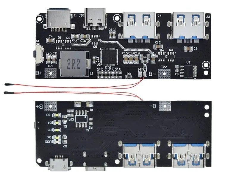 SW6206 SW6208 QC4 PD3.0 22.5W Power Bank Module LED Version B| Fast Charging | Digilog.pk - two black circuit boards with USB-A, USB-C, and micro-USB ports, a button, and two NTC temperature sensors.