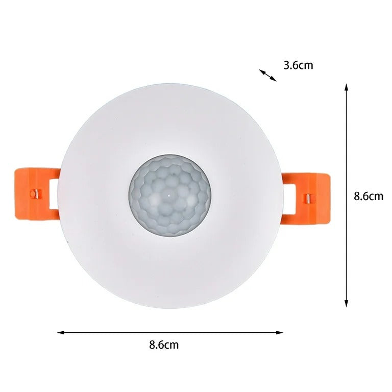 Switch 120 Degree Ceiling Recess PIR Infrared Human Body Motion Sensor Light Bulb Switch - a white circular device with orange mounting clips and dimension labels.