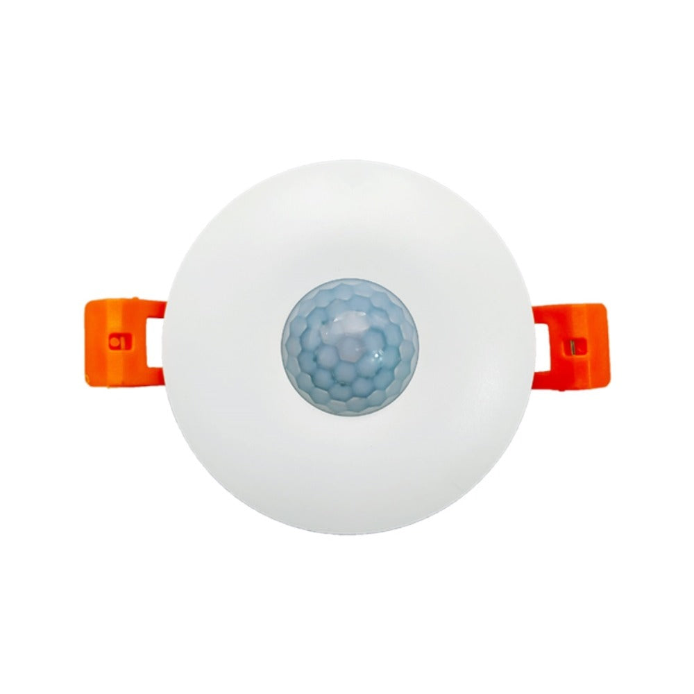 Switch 120 Degree Ceiling Recess PIR Infrared Human Body Motion Sensor Light Bulb Switch - a white circular device with a blue sensor lens and two orange mounting clips.