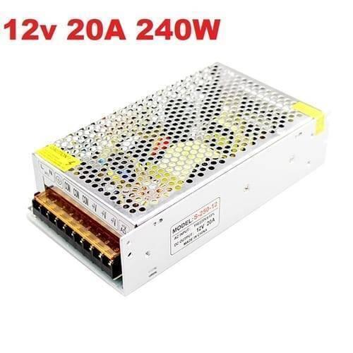 Switching DC Power Supply SMPS 12V 20A 240W - a rectangular silver metal unit with a perforated top cover and a terminal block for electrical connections.