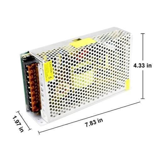 Switching DC Power Supply SMPS 12V 20A 240W - shown as a silver metal rectangular unit with a perforated cover, terminal block, and dimension annotations.