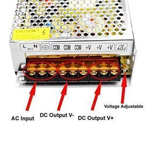 Switching DC Power Supply SMPS 12V 20A 240W - the metal casing, AC input terminals, DC output terminals, and a voltage adjustment screw.