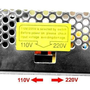 Switching DC Power Supply SMPS 12V 20A 240W - a yellow warning label and a voltage selector switch for 110V or 220V input.