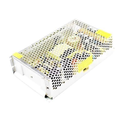 Switching DC Power Supply SMPS 12V 20A 240W - a rectangular metal unit with a perforated mesh cover and yellow protective corner tabs.
