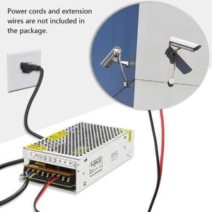 Switching DC Power Supply SMPS 12V 20A 240W - shown with a metal casing, screw terminals, a power cord, and a diagram illustrating connection to cameras.