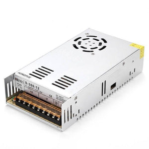 Switching DC Power Supply SMPS 12V 30A 360W - a silver metal rectangular unit with a built-in cooling fan, side vents, and a terminal block for wiring.