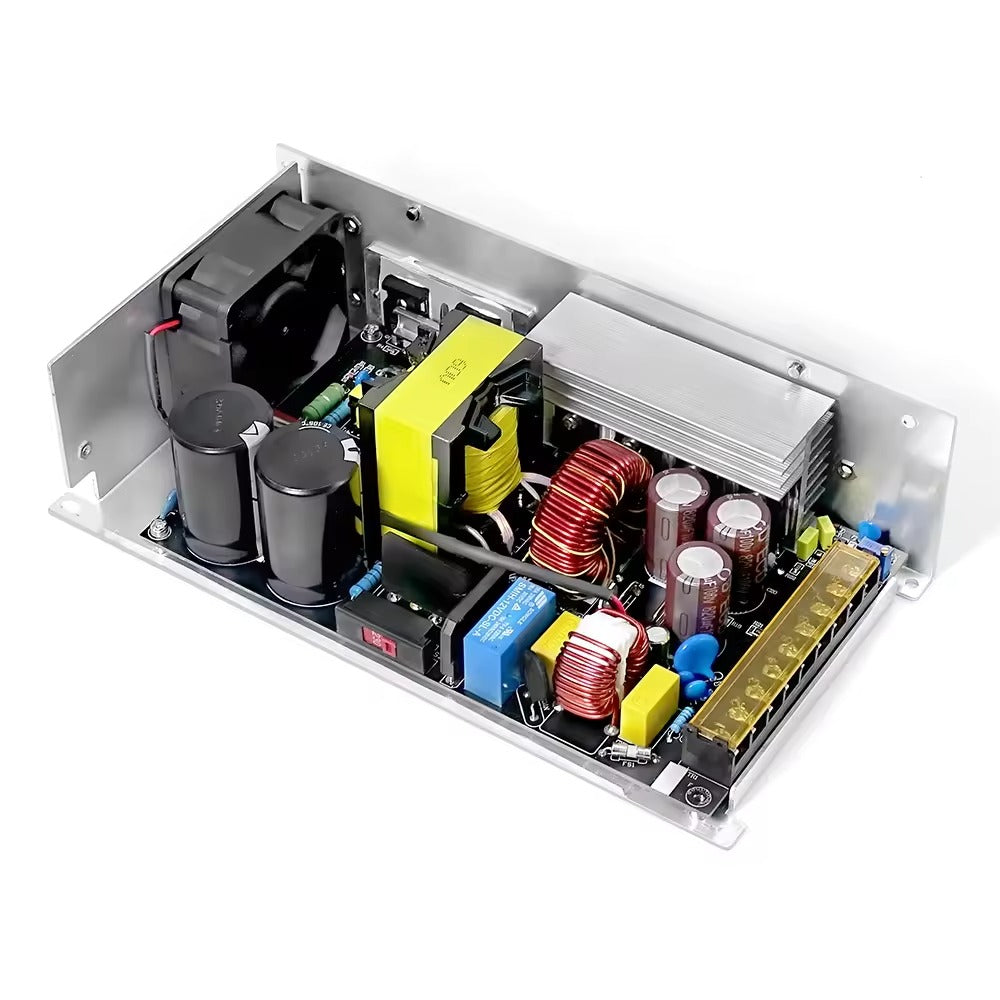 Switching Power Supply 68V 14.7A - the internal electronic components, a cooling fan, capacitors, and a terminal block mounted in a metal chassis.