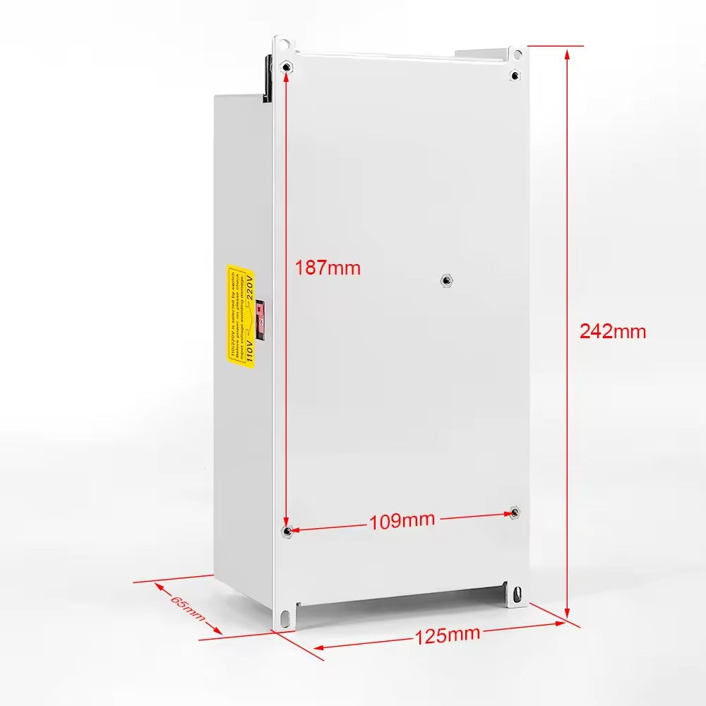 Switching Power Supply 68V 14.7A - shown in a white metal enclosure with red voltage selector switch and red dimension lines indicating measurements.