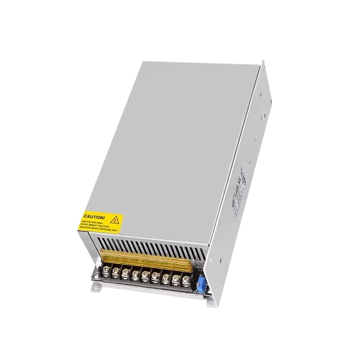 Switching Power Supply 68V 14.7A - a silver rectangular metal unit with a terminal block, a yellow caution label, and a small blue adjustment knob.