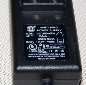 Switching Power Supply Adapter S012BU2400050 24V 400mA - a close-up of the black rectangular power brick showing its technical specifications label.