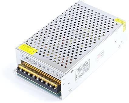 Switching Power Supply Mean 48V 5A - a silver metal rectangular power supply unit with a perforated top cover and a terminal block with screw ports.