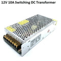 Switching Power Supply SMPS 12V 10A - a silver, rectangular metal unit with a perforated cover, side terminal block, and a label showing model S-120-12.