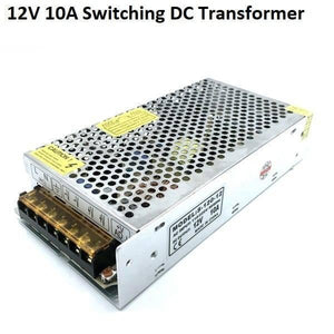 Switching Power Supply SMPS 12V 10A - a silver, rectangular metal unit with a perforated cover, side terminal block, and a label showing model S-120-12.