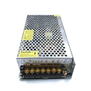 Switching Power Supply SMPS 12V 10A - a silver metal unit with a perforated cover, AC input terminals, DC output terminals, and a voltage adjustment knob.