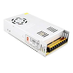 Switching Power Supply SMPS 24V 15A - shown as a white metal rectangular unit with a cooling fan, ventilation slots, and a terminal block on one side.