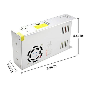 Switching Power Supply SMPS 24V 15A - shown as a silver rectangular metal unit with a cooling fan, side ventilation slots, and overlaid dimension labels.