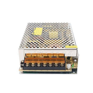 Switching Power Supply SMPS 24V 5A - shown as a metallic, rectangular unit with a perforated top cover and a terminal block with screw connectors.