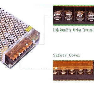 Switching Power Supply SMPS 24V 5A - a silver metal unit with a perforated top, orange safety cover, and close-up views of the wiring terminals.