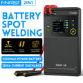 SWM-10 Handheld Spot Welder, DIY Mini Welding Machine, 5000mAh Portable Welding Machine, Weldable 0.25mm Welding Tool - with a color screen showing settings, two red welding cables with probes, and text overlays listing specifications.