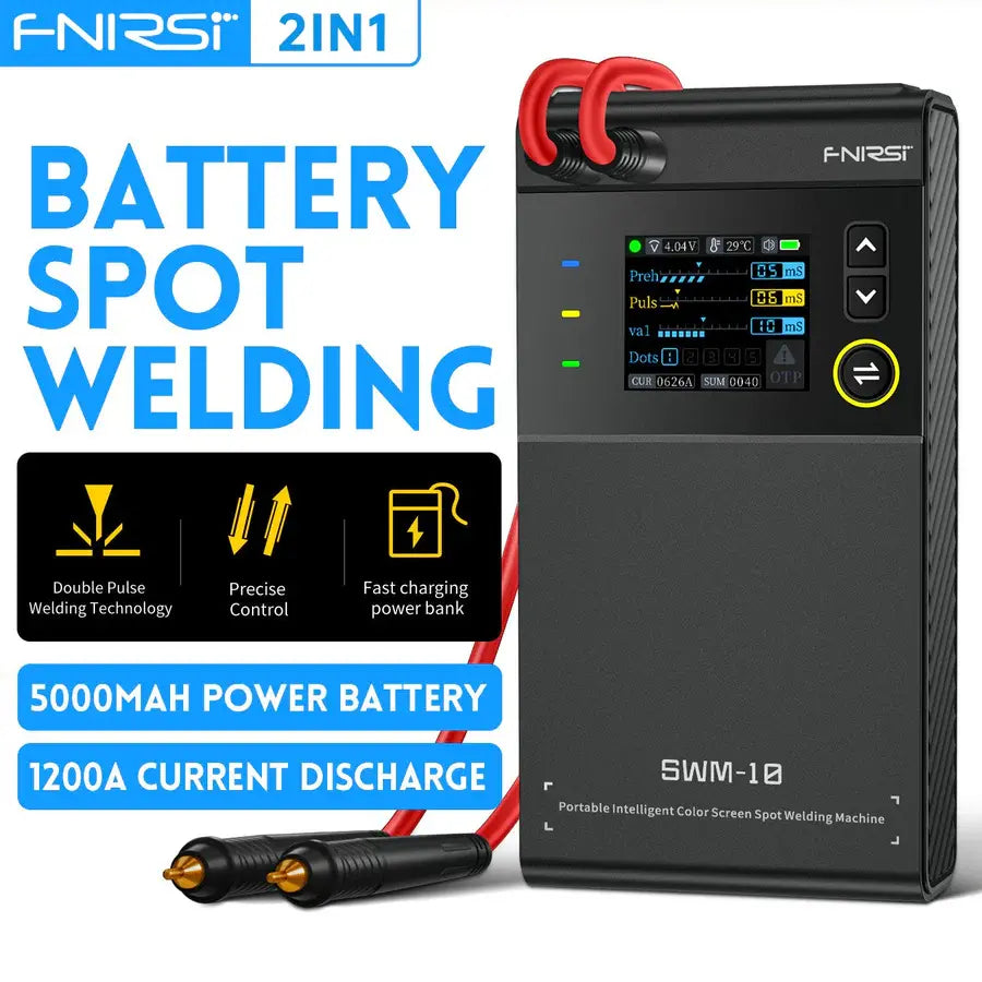 SWM-10 Handheld Spot Welder, DIY Mini Welding Machine, 5000mAh Portable Welding Machine, Weldable 0.25mm Welding Tool - with a color screen showing settings, two red welding cables with probes, and text overlays listing specifications.