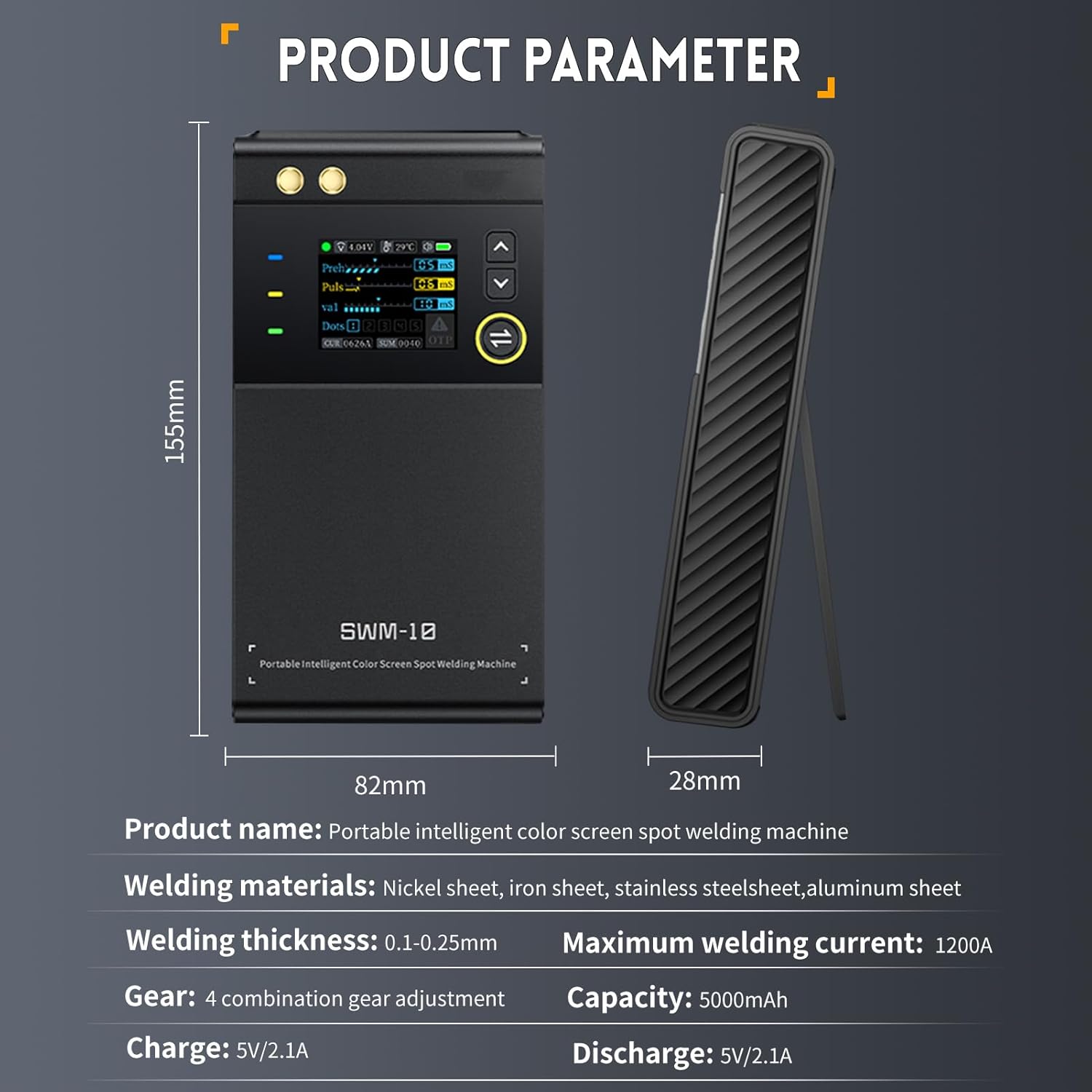 SWM-10 Handheld Spot Welder, DIY Mini Welding Machine, 5000mAh Portable Welding Machine, Weldable 0.25mm Welding Tool - the black unit, a screen with settings, buttons, and a side-view of the handheld welding pen.