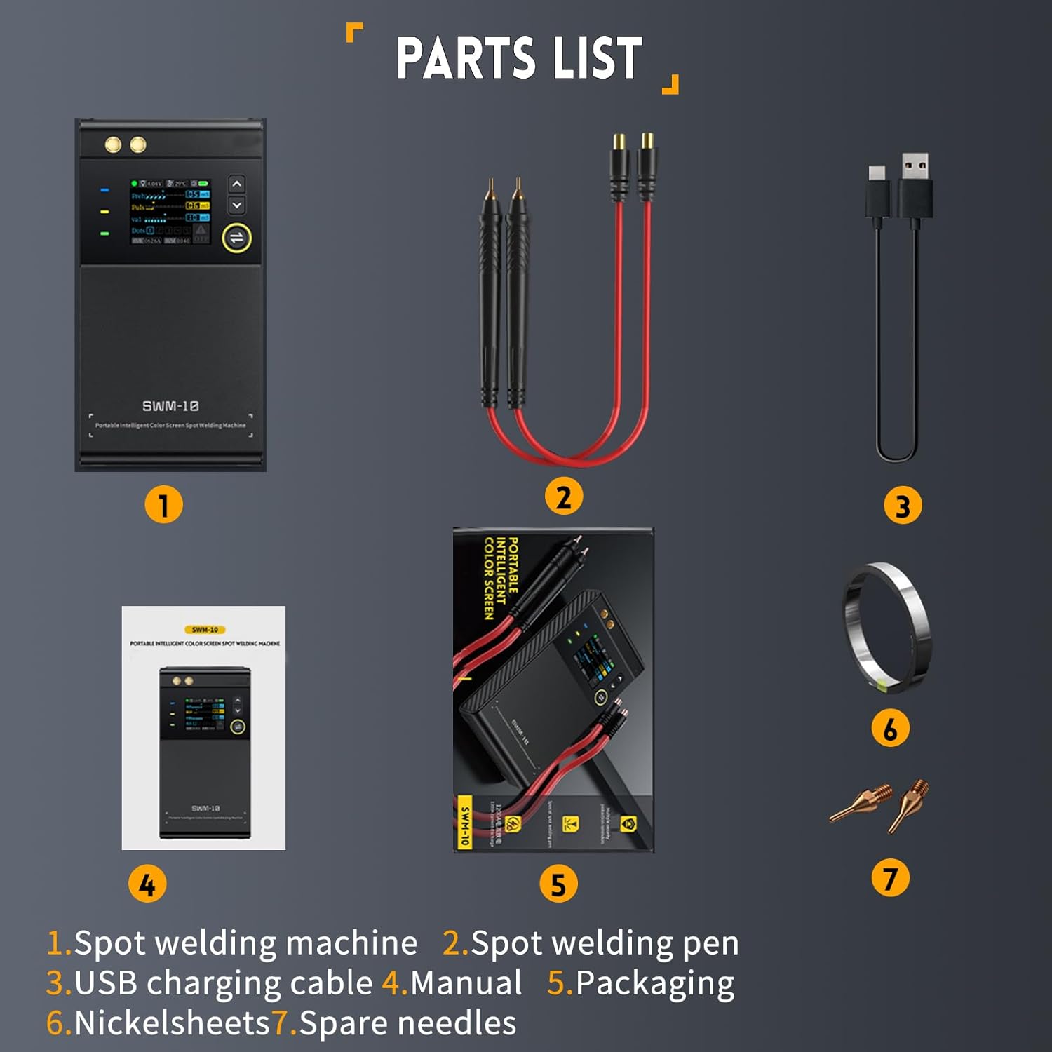 SWM-10 Handheld Spot Welder, DIY Mini Welding Machine, 5000mAh Portable Welding Machine, Weldable 0.25mm Welding Tool - the black welder unit, two red welding pens, a USB cable, manual, packaging box, nickel sheet, and needles.