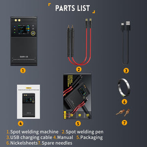 SWM-10 Handheld Spot Welder, DIY Mini Welding Machine, 5000mAh Portable Welding Machine, Weldable 0.25mm Welding Tool - the black welder unit, two red welding pens, a USB cable, manual, packaging box, nickel sheet, and needles.