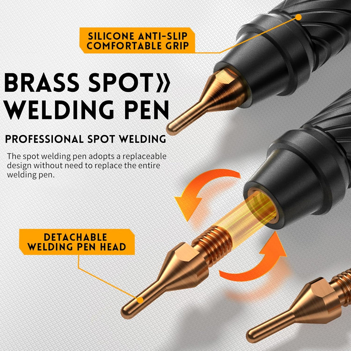 SWM-10 Handheld Spot Welder, DIY Mini Welding Machine, 5000mAh Portable Welding Machine, Weldable 0.25mm Welding Tool - a black silicone grip handle with a detachable, threaded brass welding pen tip being screwed into place.