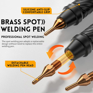 SWM-10 Handheld Spot Welder, DIY Mini Welding Machine, 5000mAh Portable Welding Machine, Weldable 0.25mm Welding Tool - a black silicone grip handle with a detachable, threaded brass welding pen tip being screwed into place.