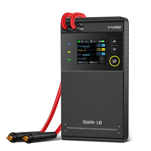 SWM-10 Handheld Spot Welder, DIY Mini Welding Machine, 5000mAh Portable Welding Machine, Weldable 0.25mm Welding Tool - with a black rectangular body, digital display, control buttons, and two red-cabled welding pens with gold-tipped probes.