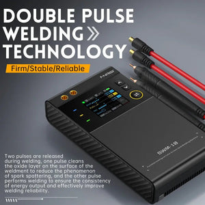 SWM-10 Handheld Spot Welder, DIY Mini Welding Machine, 5000mAh Portable Welding Machine, Weldable 0.25mm Welding Tool - with a color display showing settings, two red welding cables, and two black welding pens on a grey background.